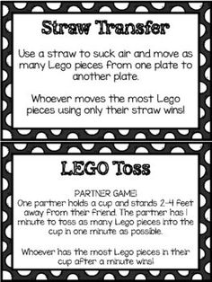 two black and white labels with the words lego toss on them, which are also part of