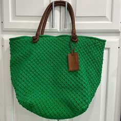 New But No Tags, Never Worn Dust Bag Included Braided Leather Handles Canvas Lined Interior With Zipper On One Side And Snap Pocket On The Other Green Woven Crochet Bag For Shopping, Green Woven Leather Beach Bag, Green Handwoven Crochet Bag For Shopping, Green Handwoven Crochet Shopping Bag, Green Crochet Tote Bag With Leather Handles, Green Crochet Travel Bag With Braided Handles, Green Crochet Bag With Braided Handles For Travel, Ralph Lauren Casual Tote Shoulder Bag, Casual Ralph Lauren Tote Shoulder Bag