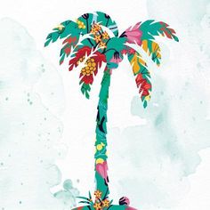 a watercolor painting of a palm tree with colorful leaves and flowers on it's trunk