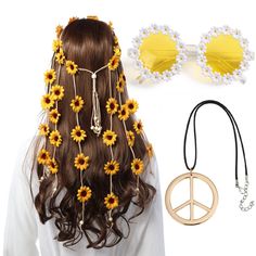 PRICES MAY VARY. 70s HIPPIE COSTUME SET - It comes with a hippie flower headband, a gold peace sign, and daisy sunglasses. Perfect for women and girls GOLD PEACE SIGN - The peace sign comes with a buckle leather string. Special design and unique structure. Popular at the 60s and 70s costume parties VINTAGE DAISY SUNGLASSES - Hippie daisy sunglasses imitates the fashion of the time to be a special costume accessory. Each lens on these colored specs stays looking new and chic, lightweight and comf Hippy Halloween Costumes For Women, Gardener Costume Women, Woodstock Inspired Outfits, Hippy Costume Ideas, Hippie Diy Costume, Element Halloween Costume, 70s Costume Ideas For Women, Diy Hippie Costume For Women, Hippie Costume Ideas