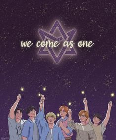 some people holding up their hands in front of a star with the words we come as one