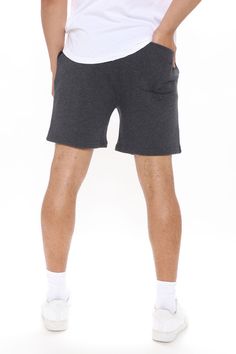 Available In Black, Grey, Navy, Charcoal Grey Olive And Burgundy Elastic Waistband With Drawstring Ribbed Waistband Side Pockets Back Pocket 80% Cotton 20% Polyester Imported | Mens Tyson Sweatshort in Charcoal size Small by Fashion Nova