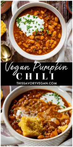 vegan pumpkin chili in a white bowl with sour cream on top