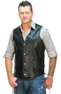 Men's tall side lace leather vests that are 2"-3" longer than our basic vests. These quality tall side lace biker vests are made of 1.2-3 mm thick premium cowhide leather and come with a one piece back that makes it ideal for club patches or embroidery. A standard western/biker style tall side lace vest with two front pockets, two inside chest pockets, full nylon lining and side lacing. Great choice for a big size side lace leather vest! Sizes may run small. TALL Sizes: 42T, 44T, 46T, 48T, 50T, 52T, 54T, 56T, 58T 60T, 62T. +$6 for 48-52 and 2X-3X, +$12 for 54-56 +$18 for 58-60, +$24 for 62. [4#] tall is 2"-3" longer 25" long back panel one piece back ideal for patches adjustable side lacing soft nylon lining front pockets (2) inside chest pockets (2) top grain leather soft cowhide leather Casual Sleeveless Vest For Biker Events, Classic Sleeveless Leather Vest, Fitted Leather Biker Vest, Leather Biker Vest Sleeveless, Biker Style Leather Sleeveless Vest, Leather Sleeveless Vest For Motorcycling, Fitted Biker Vest For Fall, Fitted Winter Motorcycling Vest, Fall Motorcycling Vest