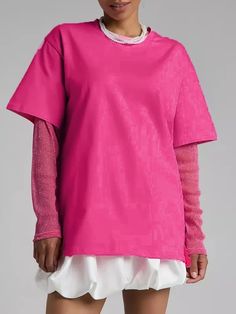 False Two Loose See-Through Split-Joint Sun Protection Round-Neck T-Shirts Trendy Solid T-shirt With Shirttail Hem, Stretch Crew Neck Shirt In Solid Color, Trendy Solid Color T-shirt With Shirttail Hem, Trendy Pink Solid Color T-shirt, Trendy Pink T-shirt Solid Color, Pink Solid Color Crew Neck Top, Pink Crew Neck Top, Oversized Pink Plain Tops, Pink Short Sleeve Solid Color Top