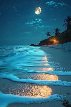 the moon shines brightly in the night sky over an ocean beach with waves and palm trees