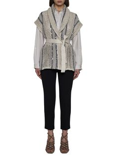 55% Jute, 35% Cotton, 10% Polyamide Sequins: 100% Polyester 2 yarn: 54% Polyamide, 23% Cotton, 23% Polyester 3 yarn: 70% Linen, 30% Silk Elegant Knit Outerwear For Spring, Spring Workwear Cardigan With Shawl Collar, Spring Workwear Shawl Collar Cardigan, Spring Shawl Collar Cardigan For Work, Luxury Spring Cardigan, Luxury Spring Cardigan For Workwear, Luxury Spring Cardigan For Work, Luxury Spring Sweater For Workwear, Chunky Knit Vest