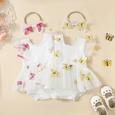 Get ready to flutter into summer with our BUTTERFLY White Romper Dress! This adorable tulle dress features fly sleeves, perfect for keeping your little one cool and comfortable. Designed for baby girls, this dress is a must-have for any summer occasion. Fly away with style! Pink Butterfly Bodysuit, Pink Flutter Sleeve Bubble Romper, Butterfly Clothing Pink, White Romper Dress, Butterfly Dress For Baby Girl, Sweet Watermelon, Ruffle Jumpsuit, Baby Girl Floral Romper, Jumpsuit Summer