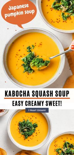 kabocha squash soup in white bowls with text overlay that reads, kabocha squash soup easy creamy sweet