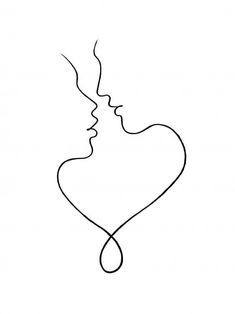 a black and white line drawing of two people kissing each other's foreheads