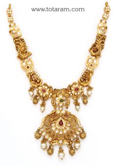 22 Karat Gold 'Peacock' Necklace with Cz, Color Stones, Japanese Culture Pearls & Pearls (Temple Jewellery) - 235-GN4975 - in 47.600 Grams for USD $3688.51. 
Made in India by Totaram Jewelers Online this product is in Gold - 22 Karat BIS Hallmark 916 KDM Gold  & is an excellent gift for Adult - Women. Ships fully insured with secured guaranteed delivery for free with your order over $250 from New Jersey USA & comes with 30 days exchange policy. Gold Haram, Haram Designs, 22k Gold Necklace, Temple Jewelry Necklace, Gold Peacock, Gold Temple Jewellery, Peacock Necklace, Color Stones, Necklace Craft