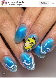 Psyduck Pikmin Nail Art, Pokemon Manicure, Simple Pokemon Nails, Psyduck Nails, Pokemon Nails Designs, Hombre Nail, Orlando Nails, Pokemon Nail Art, Pokemon Nails