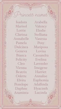 an ornate frame with the names of princesses in pink and white, on a beige background