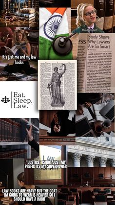 A collage of law-themed images including law books, scales of justice, courtroom scenes, a gavel on the Indian flag, a woman studying law books, a newspaper article about lawyers, and motivational quotes related to law and justice. Aspiring Lawyer, Legal Wallpaper, Courtroom Aesthetic, Law Quotes Lawyer Motivation, Law Student Motivation, Aesthetic Lawyer Wallpaper, Lawyer Quotes