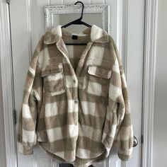 Never Worn!! Brand New/Good Condition Cozy Beige Outerwear, Cozy Long Sleeve Khaki Outerwear, Trendy Beige Long Sleeve Shacket, Casual Cream Tops For Cold Weather, Oversized Cream Long Sleeve Shacket, Oversized Cream Shacket With Long Sleeves, Cozy Oversized Neutral Outerwear, Cozy Khaki Outerwear, Cozy Khaki Outerwear For Fall