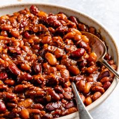 a bowl filled with beans and other food