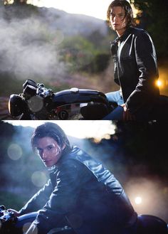 two pictures of the same person on a motorcycle