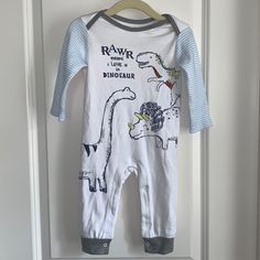 Dinosaur Onesie Never Worn Cotton Onesie With Dinosaur Print For Playtime, White Cotton Onesie With Dinosaur Print, Casual Dinosaur Print Onesie For Playtime, Casual Cotton Onesie With Dinosaur Print, Dinosaur Onesie, White Blue, Onesies, Blue White