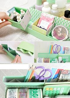 there are many different items in this green box and one is scissors, tape, glue, paper