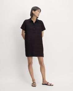 The Linen Eyelet Shirtdress Collared Shift Shirt Dress For Day Out, Spring Collared Polo Dress For Daywear, Collared Polo Dress For Spring Daywear, Collared Shirt Dress With Placket For Work, Collared Shift Shirt Dress For Work, Collared Neckline Shirt Dress With Placket For Workwear, Classic Dress With Rolled Sleeves, Collared Neckline Shirt Dress For Work, Black Collared Shirt Dress With Placket