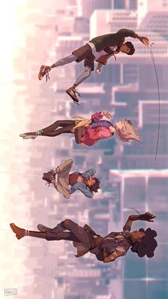 four people flying through the air in different poses