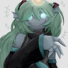 an anime character with green hair and horns