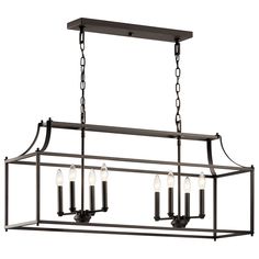 a rectangular light fixture with four lights hanging from the ceiling, and an iron frame