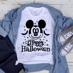 New, Happy Halloween Mickey Shirts Are Unisex, Sizes Available In Toddler & Youth Adult Sizes Available Upon Request Wholesale Available Upon Request White Mickey Mouse Top For Fall, Themed White T-shirt With Mickey Mouse, Fun White Halloween T-shirt, Fun White T-shirt For Halloween, Halloween Themed White Tops, White Halloween Themed Tops, White Themed Top For Halloween, White Themed Tops For Halloween, Halloween Themed White T-shirt