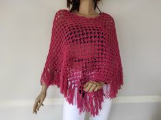 "Beautiful Crochet Net Poncho in Love Knot Pattern Design with Fringe. Soft, cozy and comfortable to wear over a turtleneck sweater, t-shirts or dresses. Can be worn in triangle or rectangular shape. Available in 2 length S/M Drop Length 30\" from neck to triangle end ( fringe included) L/XL Drop Length 36\" from neck to triangle end ( fringe included) Length and Colors can be customized. Material 100% premium acrylic Custom request for any other size or color variation is possible. Handmade in a Smokeless Environment with tender loving care. Item comes beautifully wrapped, ready for gift giving. Would like to send this as a gift and want me to attach a note to your purchase, please add your note before checkout or convo me. More from Hisliden https://www.etsy.com/shop/Hisliden?ref=l2-shop Casual Open Knit Poncho One Size, Casual One Size Open Knit Poncho, Casual Knitted Shawl Poncho, Casual Knitted Poncho Shawl, Casual Winter Open Knit Poncho, Casual Hand Knitted One-size Poncho, Casual Crochet Poncho For Winter, Casual Crochet Winter Poncho, Open Knit One Size Knitting Pattern