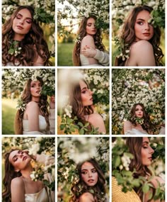 a woman with long hair and flowers on her head is posing in front of the camera