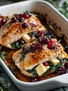 Cranberry & Spinach Stuffed Chicken Breasts with Brie 🐓🍓🧀  Ingredients 🛒 For the Chicken:  4 boneless, skinless chicken breasts 🐓 1/2 cup fresh spinach, chopped 🥬 1/3 cup dried cranberries 🍒 4 oz brie cheese, sliced 🧀 2 tablespoons olive oil 🫒 1 teaspoon garlic powder 🧄 1/2 teaspoon dried thyme 🌿 1/2 teaspoon salt 🧂 1/4 teaspoon black pepper 🌟 For the Glaze:  2 tablespoons honey 🍯 1 tablespoon balsamic vinegar 🍷 1/4 teaspoon Dijon mustard 🌟 Instructions 👩‍🍳  Prepare the Chicken:  Preheat your oven to 375°F (190°C). Lightly grease a baking dish or line with parchment paper. Using a sharp knife, carefully cut a pocket into the side of each chicken breast without slicing all the way through. Make the Filling:  In a bowl, mix the chopped spinach, dried cranberries, and slices Cranberry Spinach Brie Stuffed Chicken, Cranberry Stuffed Chicken Breast, Chicken Breast Christmas Dinner, Stuffed Chicken Breast Spinach, Stuffed Chicken Breasts, Cranberry Chicken, Crock Pot Recipes, Chicken Entrees, Fresh Spinach