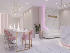 the interior of a nail salon with pink chairs and marble countertops, chandeliers and lights