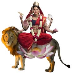 a woman riding on the back of a lion with a flower in her lap and holding a plate