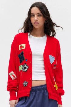 Urban Renewal Remade Golf Patch Cardigan | Urban Outfitters Cheap Trendy Urban Outfitters Cardigan, Aka Apparel Sweaters & Cardigans, Remade Sweaters, Vintage Quarter Zip, Patch Cardigan, Cropped Cable Knit Sweater, Teal Cardigan, Varsity Cardigan, Velour Tops