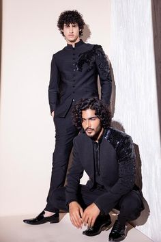 Black full sleeves jodhpuri bandhgala with all over tonal sequin Dragon embroidery on one shoulder. Paired with a pant. - Aza Fashions Dragon Embroidery, Embroidered Coat, Embroidered Shorts, Full Sleeves, Coat Pant, Mandarin Collar, Aza Fashion, Full Sleeve, Mens Pants