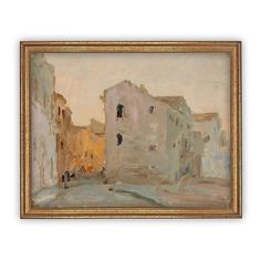 an oil painting of some buildings on a white wall with a gold framed art frame