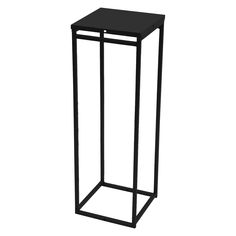 a black metal stand with a square top and bottom section on one side, it is standing up against a white background