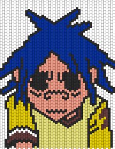 a pixellated image of a person with blue hair