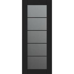 a black door with glass panels on the front and side panel, in an open position