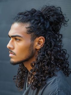 Man Long Curly Hairstyle, Black Man Long Hairstyles, Rambo Hairstyle, Curly Hairstyles With Undercut, Masculine Curly Hairstyles, Man Ponytail Hairstyles, Neat Curly Hairstyles, Curly Hair Undercut Men, Cool Male Hairstyles