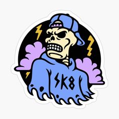 a sticker with an image of a skeleton wearing a baseball cap and lightning bolt