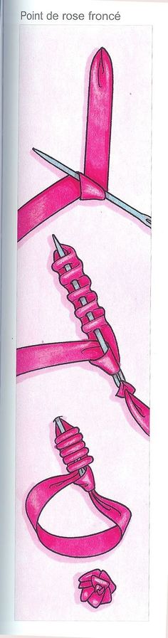 an open book with pink ribbon and scissors on it's cover, in french