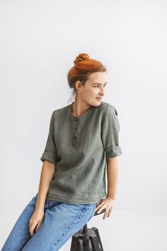 100% organic linen shirt with buttons in the top is perfect for summer. This model has loose design, wide 3/4 sleeves that can be rolled up. This plus size linen top will make your life much more simple, just put it on with any bottoms and classy&casual look is guaranteed! Wear it for everyday, for work, for trips and holidays. Organic linen fabric will make sure your skin breathes and ensure air circulation. You can choose your favorite color from 25 possible variations in the drop down men Casual Linen Blouse With 3/4 Sleeves, Oversized Linen Top With Roll-up Sleeves, Linen Tops With 3/4 Sleeves And Buttons, Summer Linen Blouse With 3/4 Sleeves, Spring Outfit Women, Red Linen Dress, Forest Clothes, Plus Size Linen, Shirt With Buttons