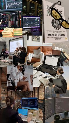 collage of various images with people working on computers and other things in the background