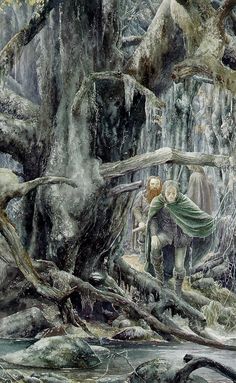 a painting of a man standing in the middle of a forest next to a fallen tree