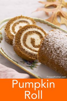 pumpkin roll with cream cheese filling on a plate