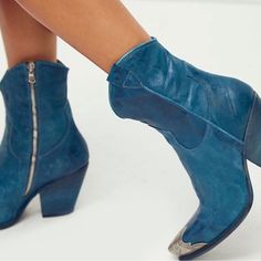 Gorgeous Color C09212448c88 Label Marked To Prevent Store Returns Blue Block Heel Party Boots, Blue Fitted Western Heeled Boots, Trendy Blue Mid-calf Boots With Round Toe, Blue Leather Western Heeled Boots, Blue Ankle-high Boots With Rubber Sole, Free People Shoes, Blue Boots, Shoes Heels Boots, Western Boots