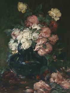 a painting of roses in a vase on a table with other flowers and leaves around it