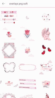 some pink stickers and tags on a white sheet with hearts, flowers and other items