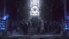 a group of people standing in front of a large window with the iron throne on it